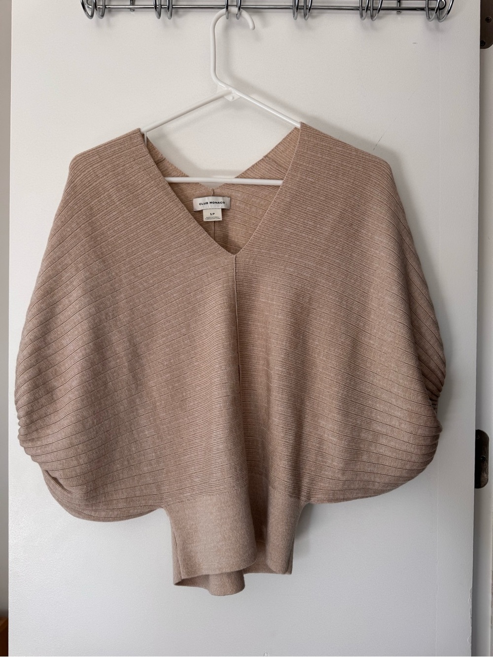 Club Monaco Ribbed V-Neck Poncho Sweater in Sand